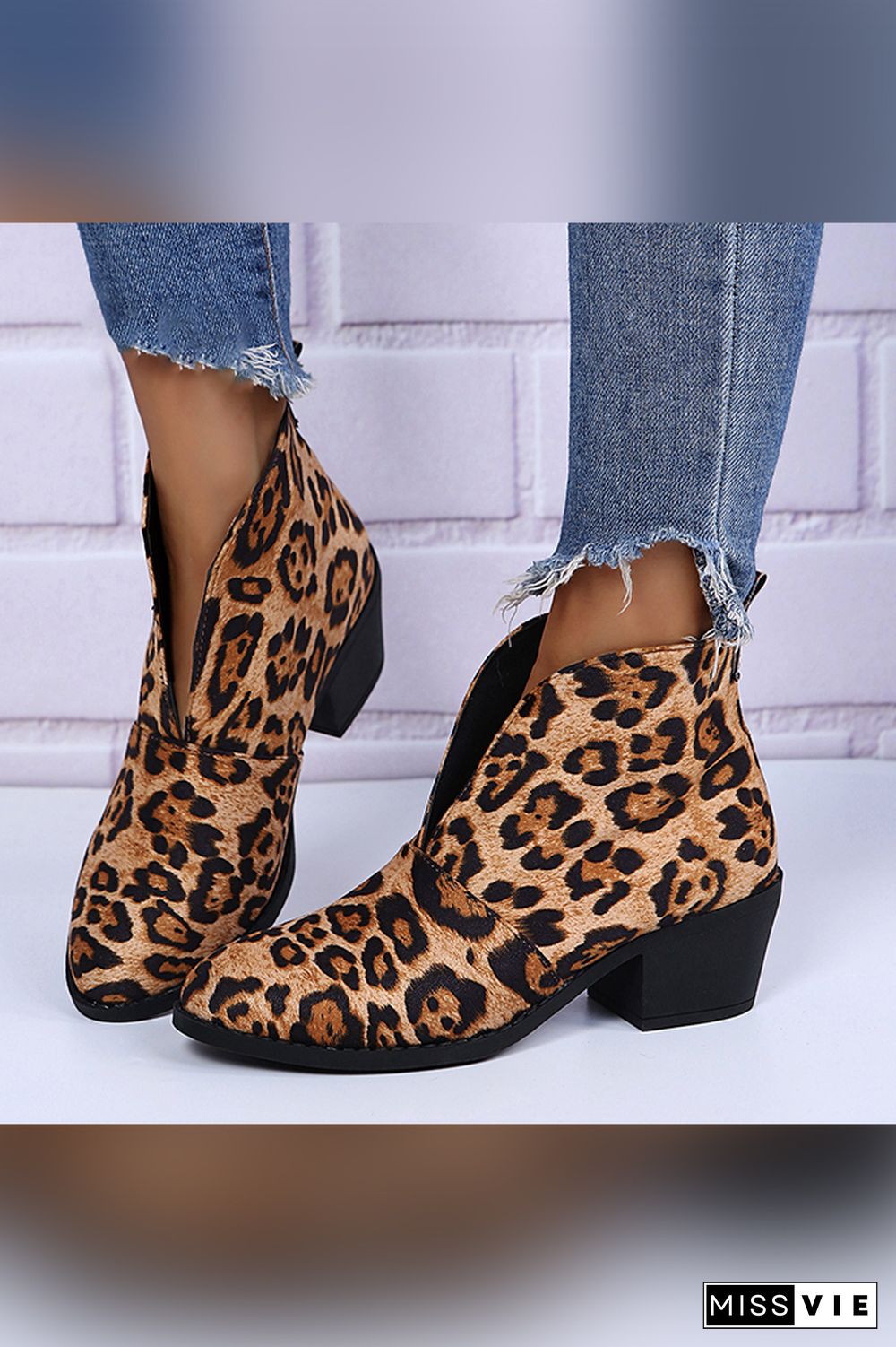 Leopard and Plain Front Cut Short Boots