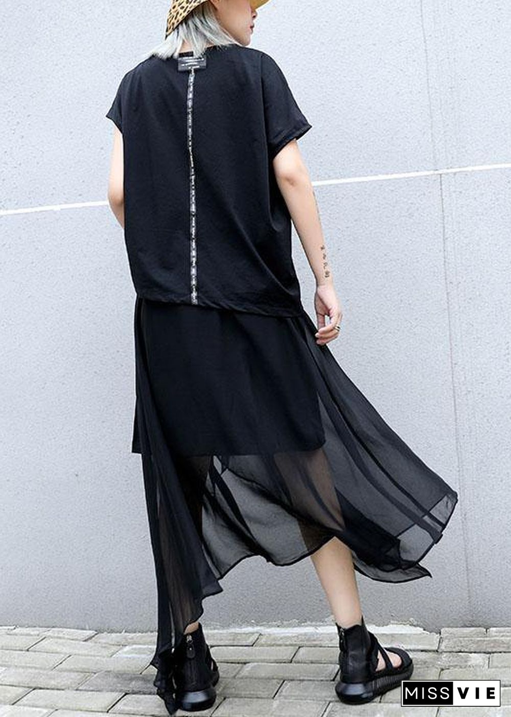 Classy black cotton clothes asymmetric short sleeve tunic summer blouses