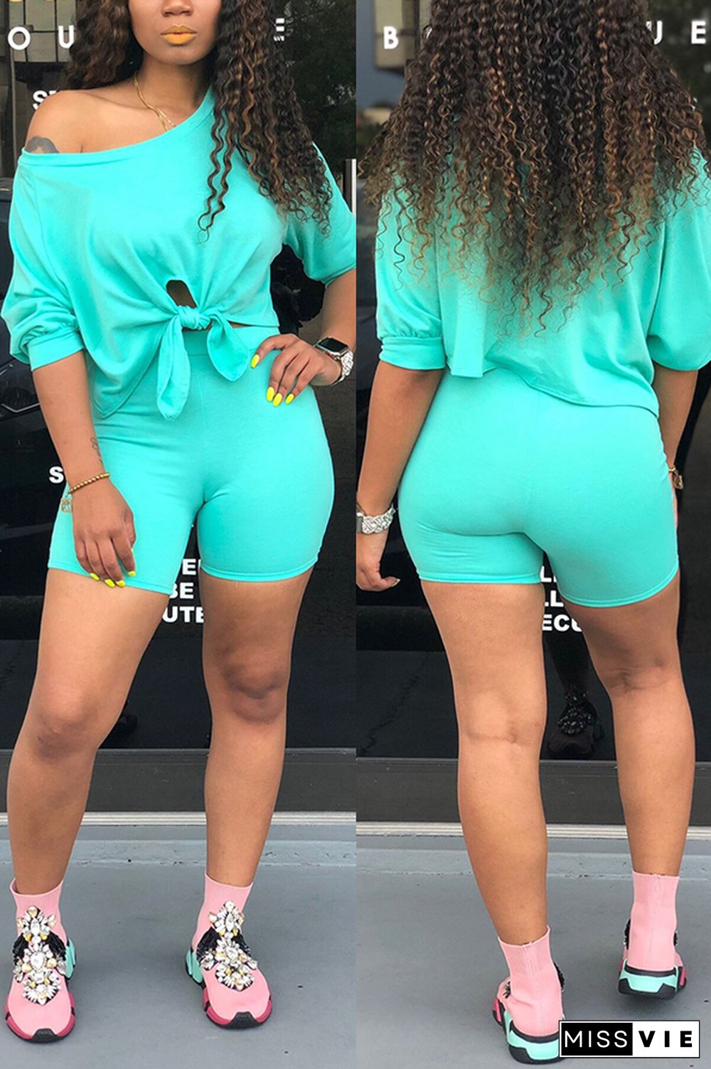 Green Fashion Casual Shorts Two-piece Suit