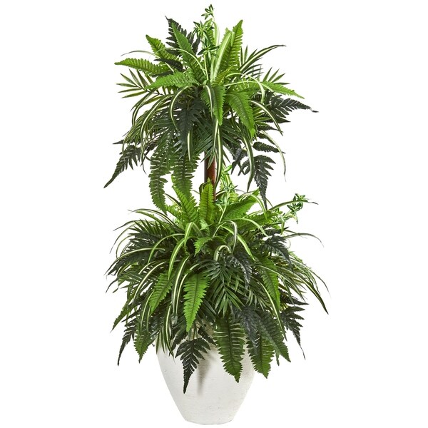 44 Mixed Greens and Fern Artificial Plant in White Planter