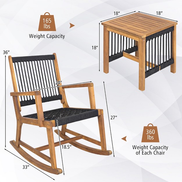 Tangkula 3 Piece Acacia Wood Rocking Chair Set W Coffee Table amp All weather Rope Patio Poolside