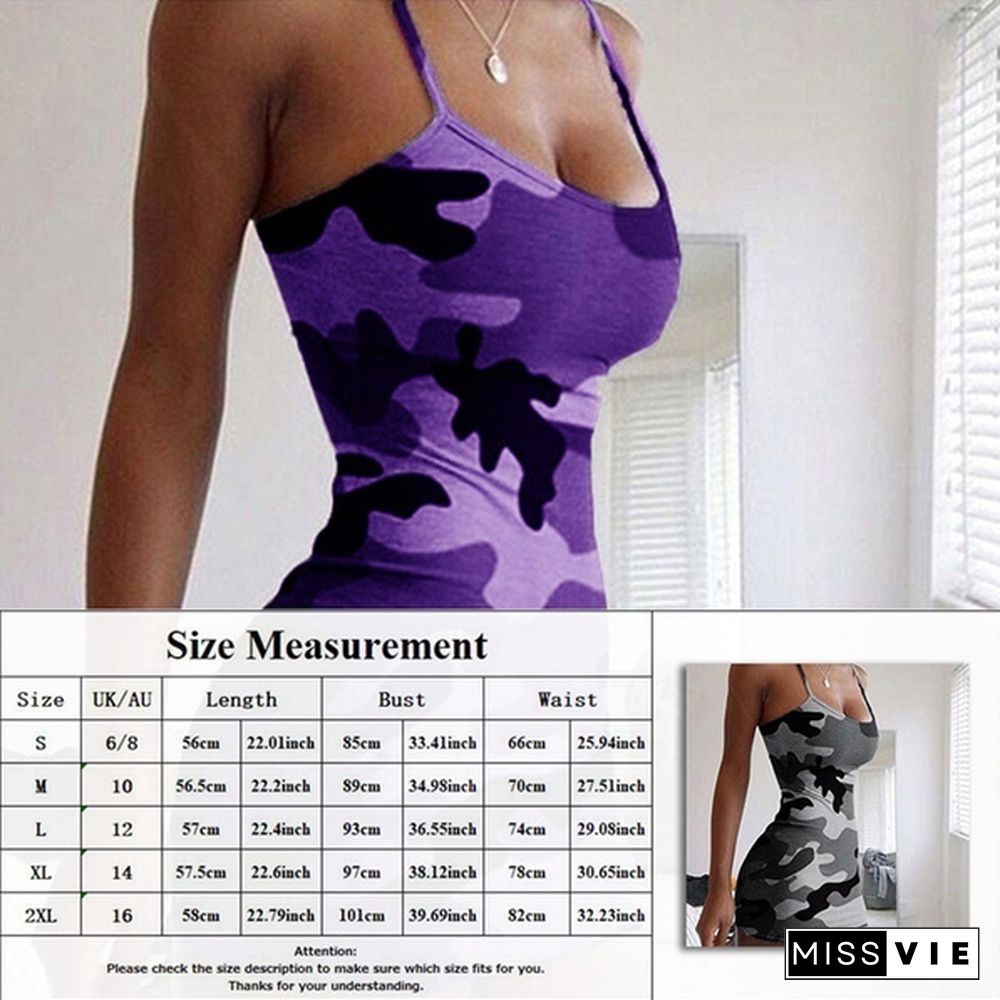 Women'S Fashion Sexy U-Neck Sleeveless Camouflage Mini Tank Top Dress Slim Fit Spaghetti Strap Camo Dress Hot Package Hip Mini Dress Night Club