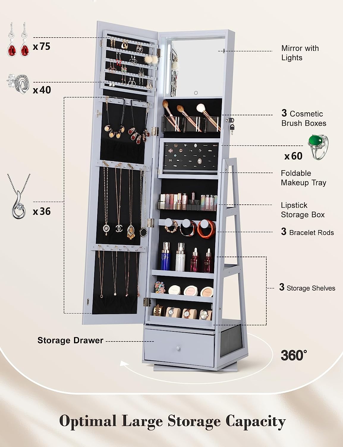 360° Swivel Jewelry Cabinet with Lights-Touch Screen Vanity Mirror