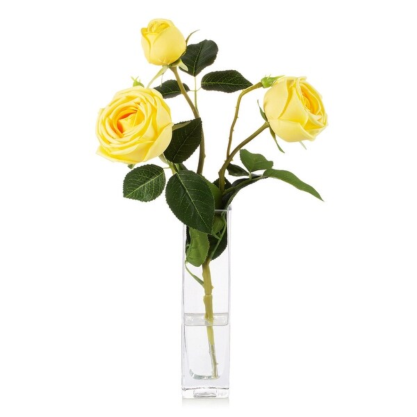 Enova Home Artificial Silk Rose Flower in Clear Glass Vase Faux Rose Flower with Vase For Home Office Decoration