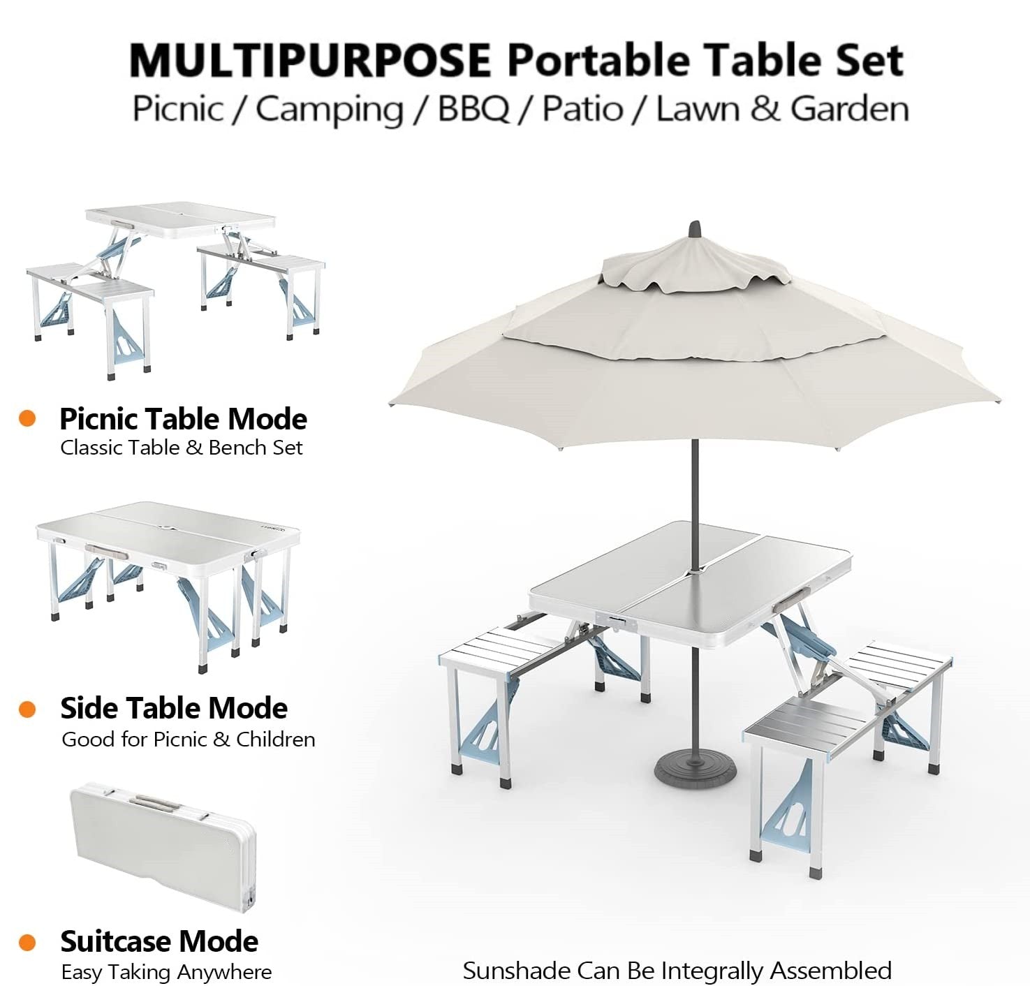 HDJ Portable Folding Camping Table Picnic Table with 4 Seats， Aluminum Beach Fold Up Tables with Chairs and Parasol Hole，Sliver