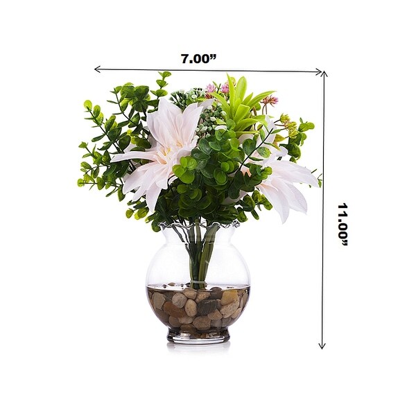 Enova Home Artificial Silk Pink Dahlia Fake Flowers and Greenery Grasses in Clear Glass Vase with Faux Water for Home Decoration