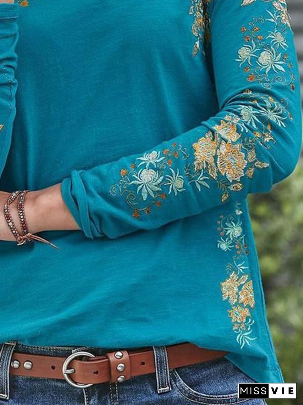 Vintage Floral Crew Neck Long Sleeves Plus Size Casual Tops