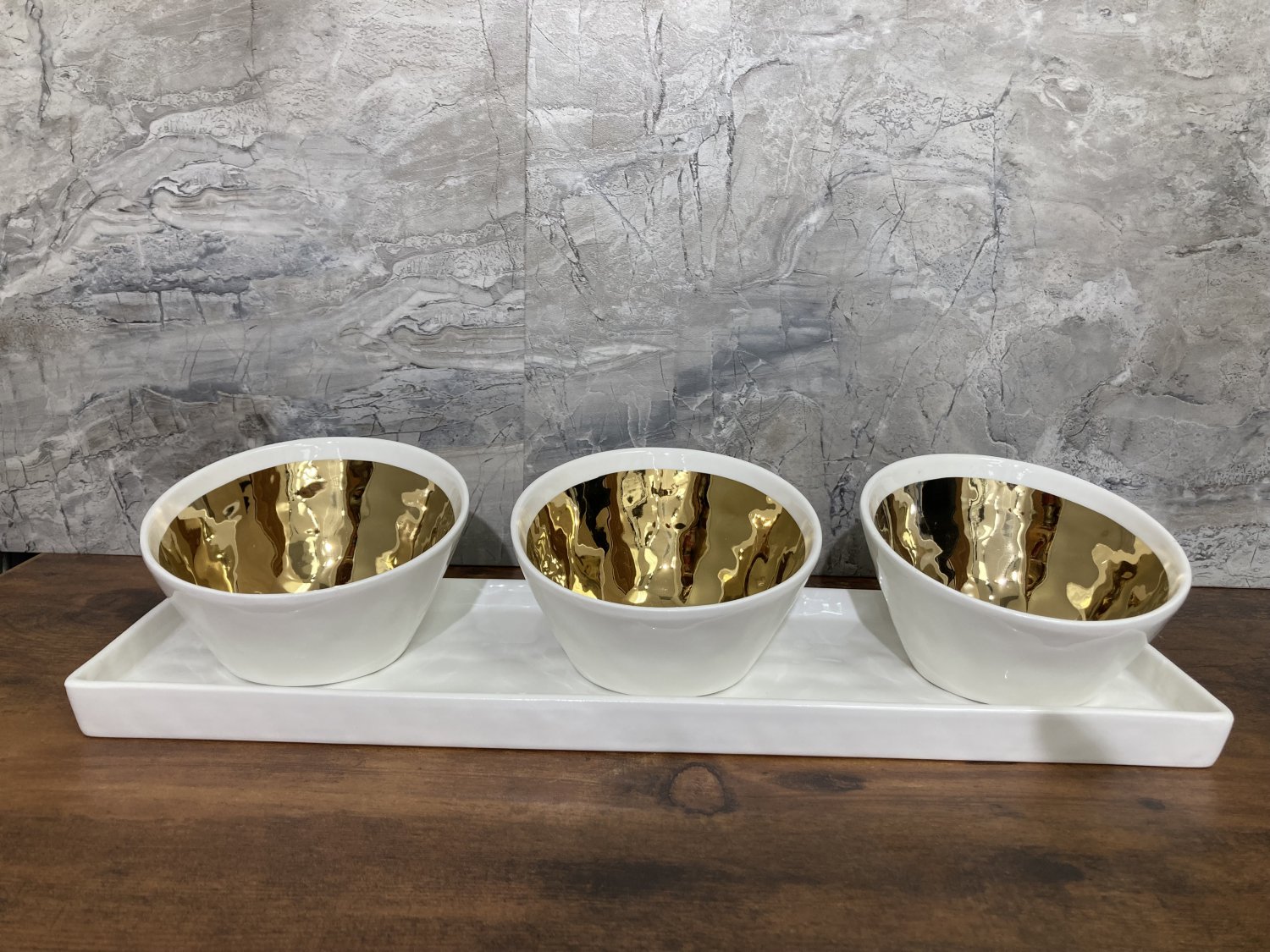 Ceramic 4 pcs set Tray with 3 oval shape bowls inside gold for Serving Dish Olives sauces...