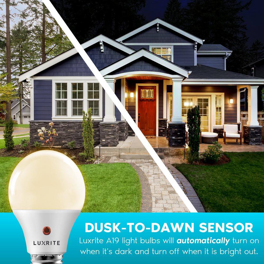 LUXRITE 60-Watt Equivalent A19 E26 Base Dusk to Down Sensor LED Light Bulb 3000K Soft White 6-Pack LR21471-6PK