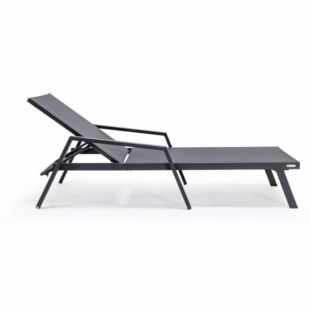 LeisureMod Marlin Chaise Lounge Chair With Arms Set of 2 with Fire Pit Table