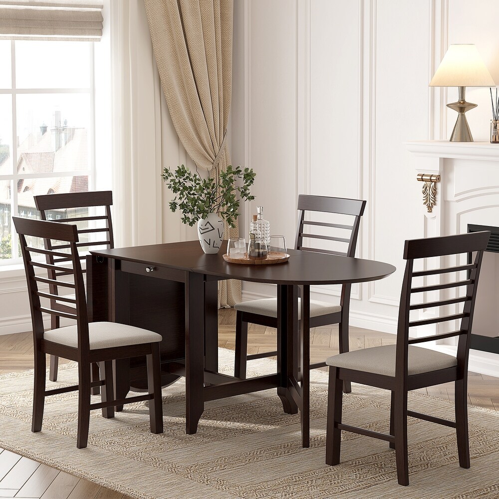 5 Piece Dining Table Set Retro Drop Leaf Table with 4 Chair