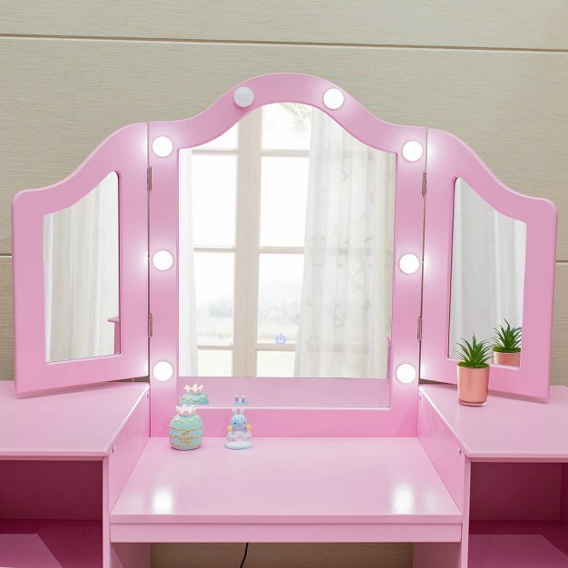 Onesstop Kids Vanity Princess Makeup Desk Dressing Table With Tri fold Mirror amp Storage Shelves pink