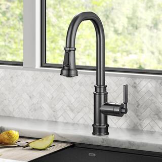 KRAUS Allyn Transitional Industrial Pull-Down Single Handle Kitchen Faucet in Spot-Free Black Stainless Steel KPF-4101SFSB