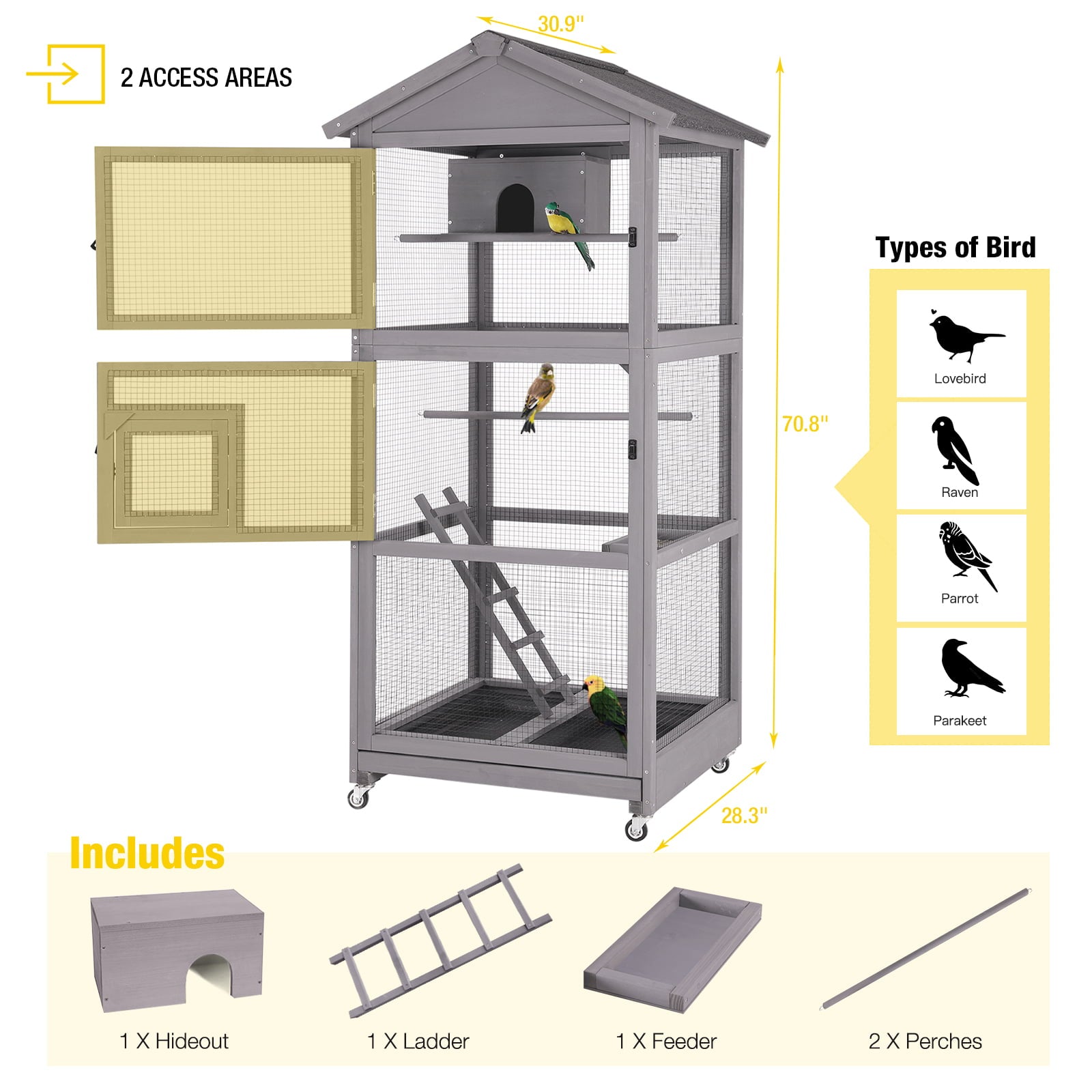 Morgete 71'' Large Wooden Birdcages with Stand， Movable Aviary Flight Cage for Parakeets， Cockatiel， Parrot， Finch， Canary