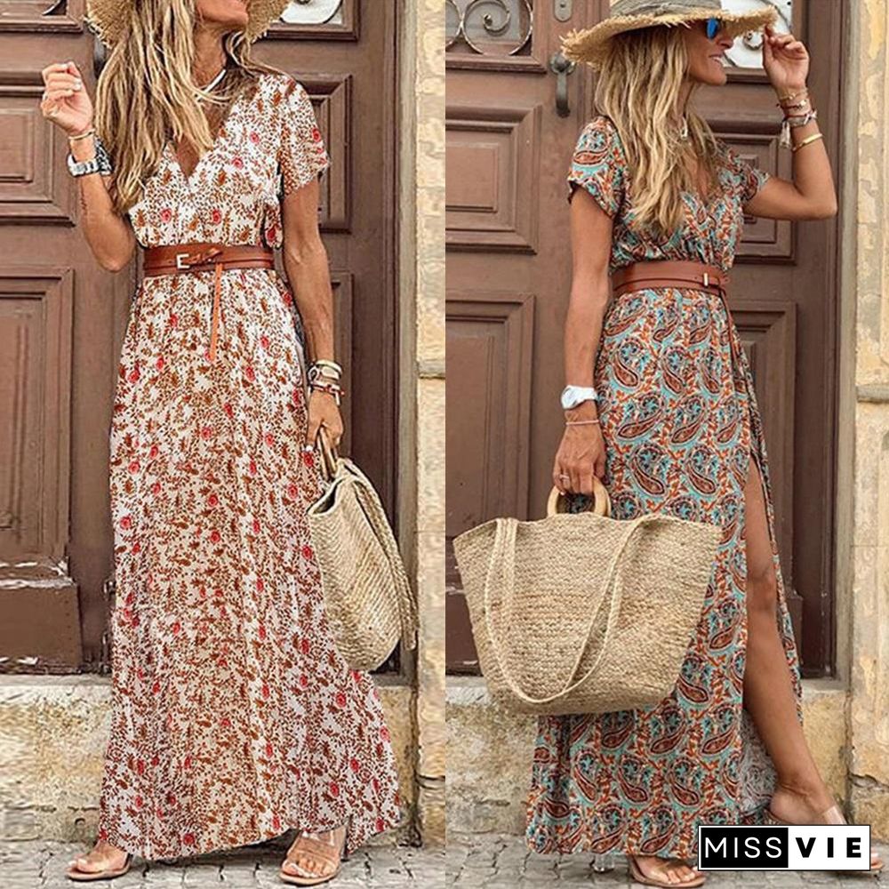 Long Dress for Women Fashion V Neck Short Sleeve Paisley Print Dresses Summer Belt Large Hem Beach Dress Elegant Maxi Dress