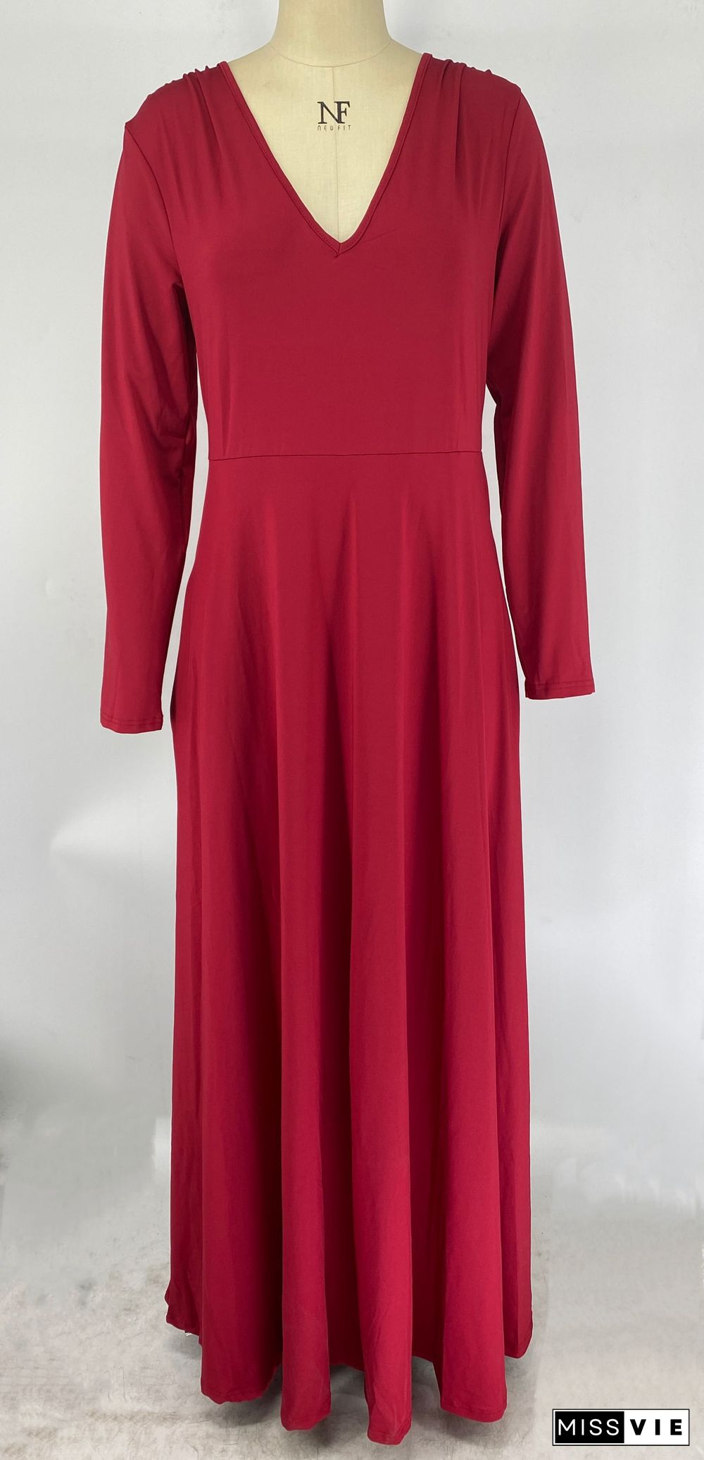 V Neck Long Sleeve Big Hem Plus Size Dress