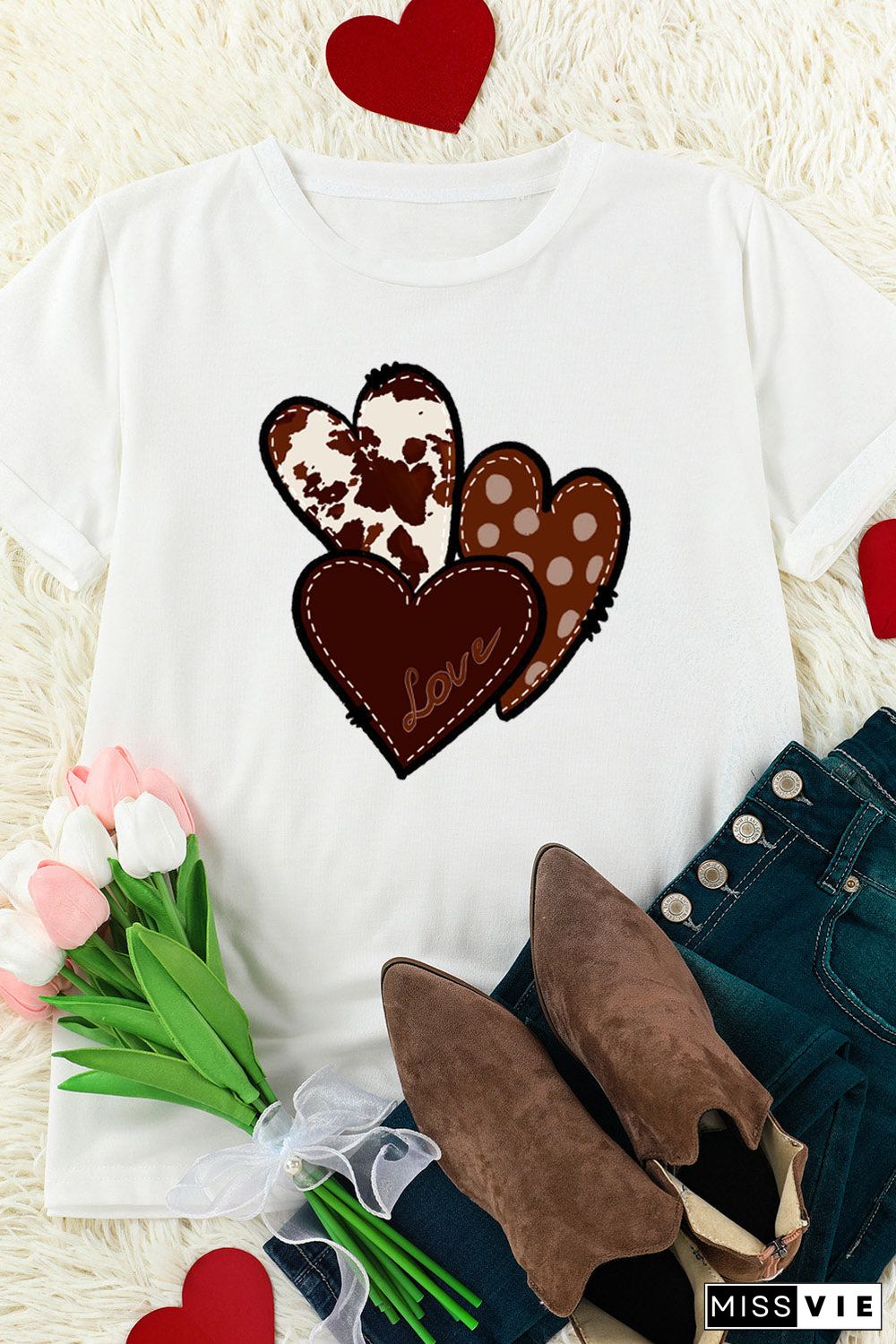 White Valentine'S Western Fashion Day Heart Print T-Shirt