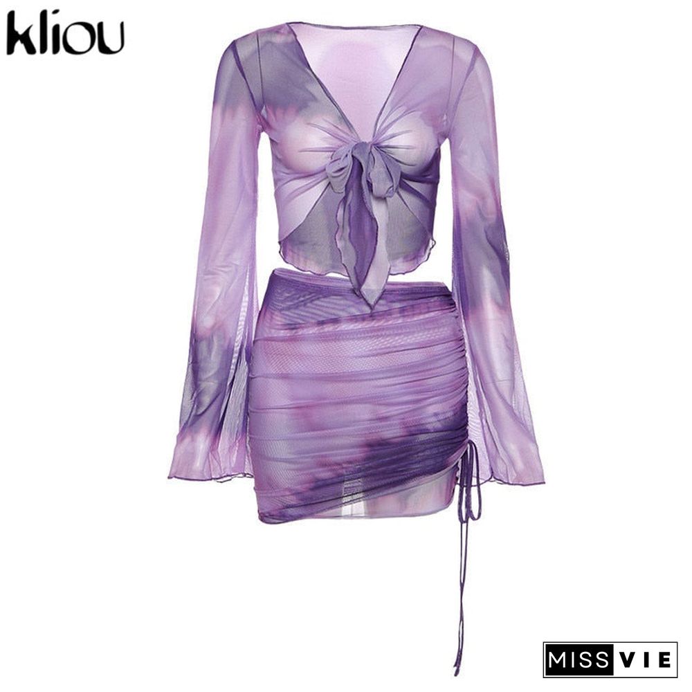 Kliou Printed Mesh Tie Up Top+Skirt Matching Sets Flare Long Sleeve Holiday Club Outfit For Women Casual Drawstring 2 Piece Set