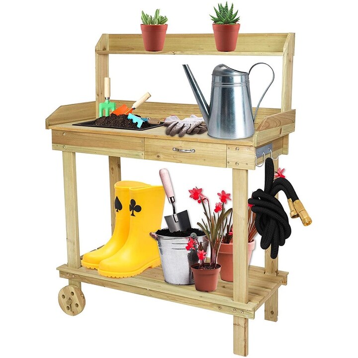 Potting Bench Table Wooden Gardening Plant Workstation Natural Solid Wood w/Wheels and Drawer Sink Hook Open Shelf