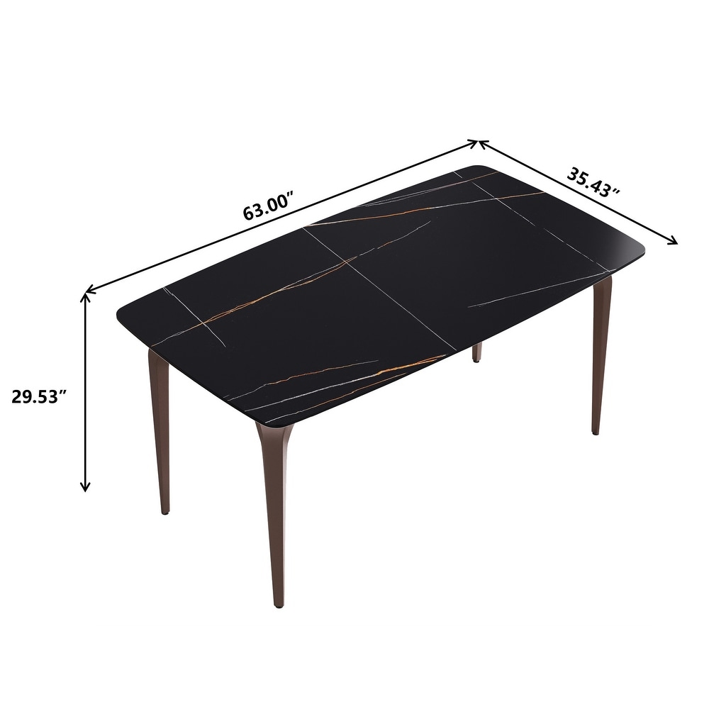 63 Inch Black Artificial Stone and Metal Leg Dining Table for 6 People