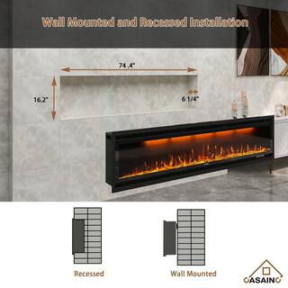 CASAINC 76 in. Wall-Mounted and Recessed Electric Fireplace in Black VL-WF-BI74