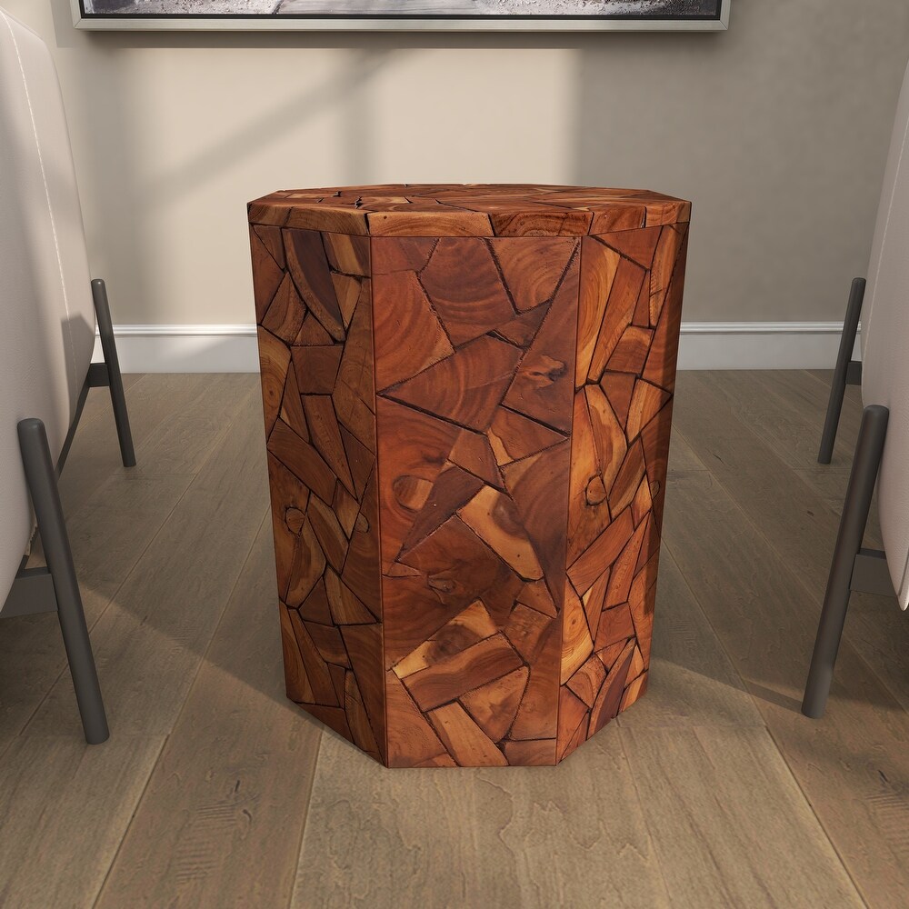 Brown Teak Wood Handmade Accent Table with Mosaic Wood Chip Design