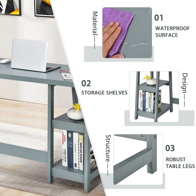 Tangkula Trestle Computer Desk Indoor Office Workstation For Home Office With 2 tier Storage Shelves