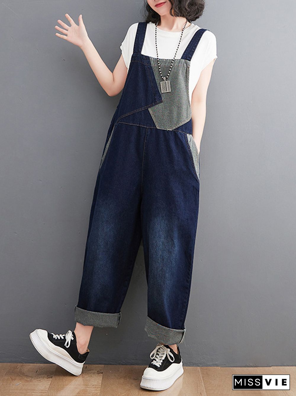 Casual Denim Contrast Color Split-Joint Overalls