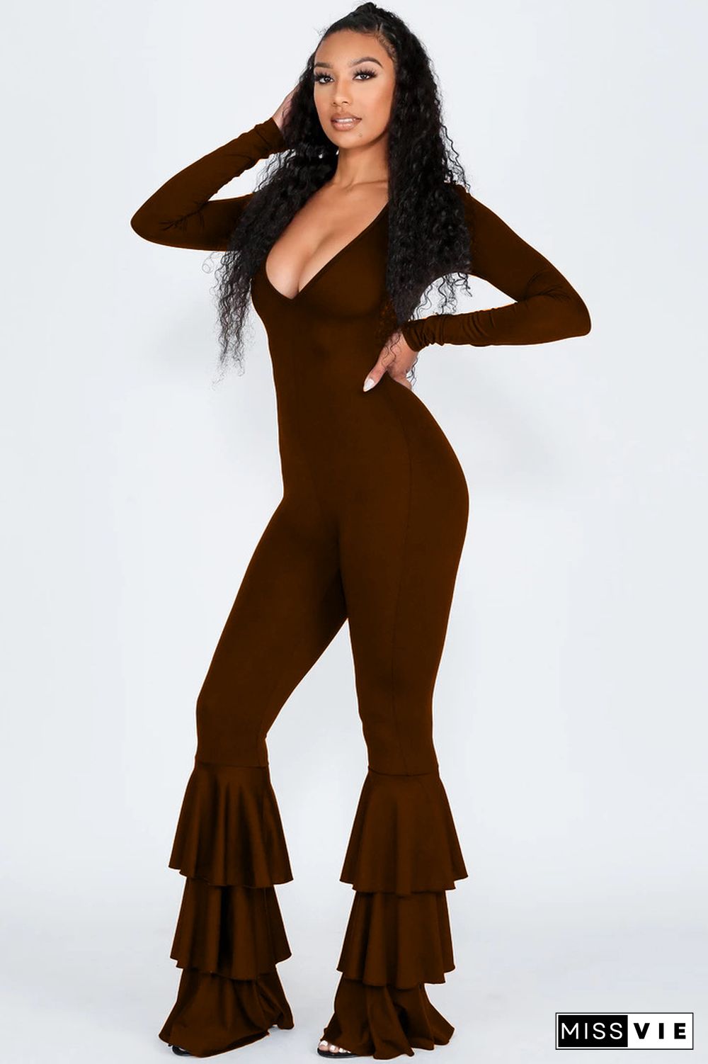 Solid Color Cascading Flounces Long Jumpsuit