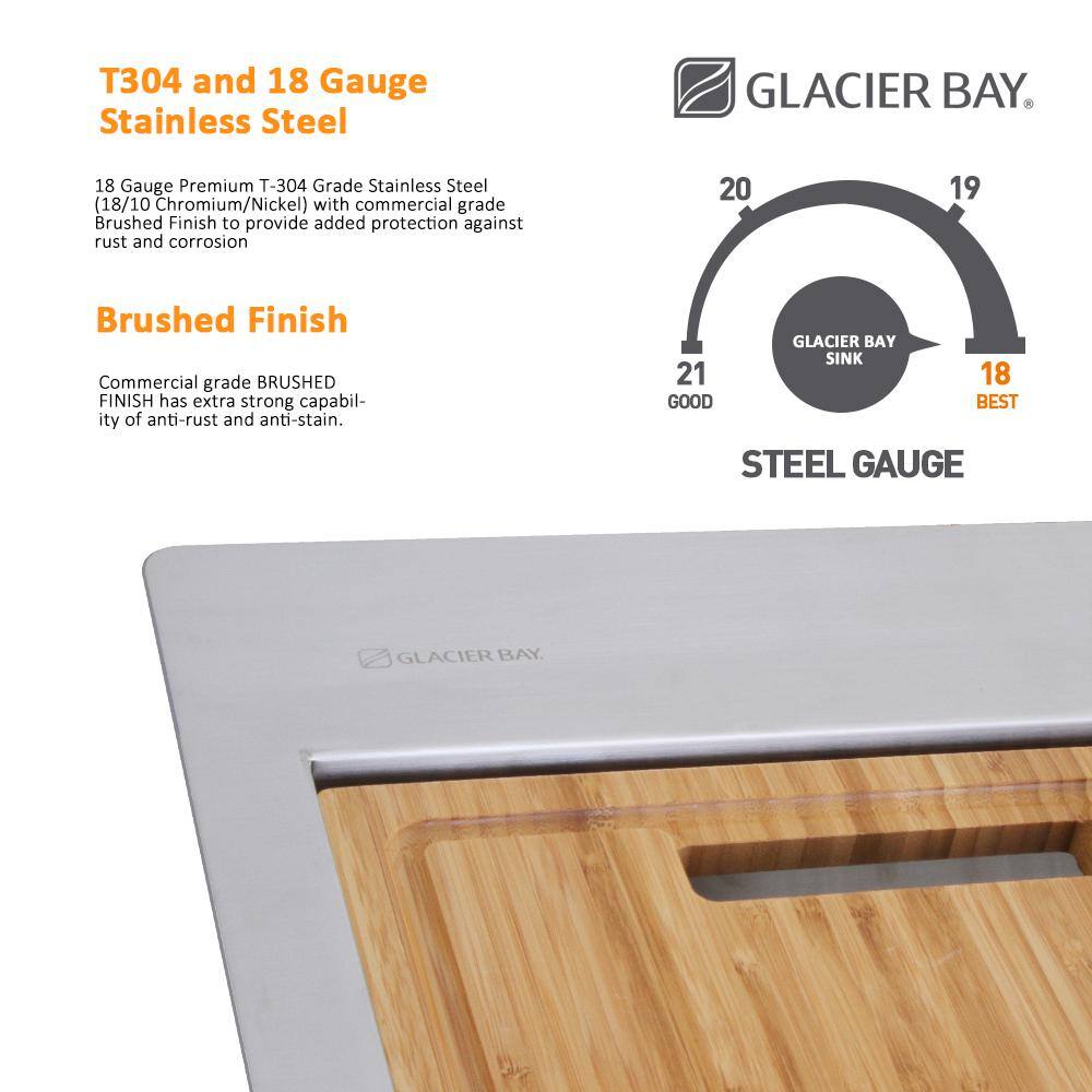 Glacier Bay AIO Zero Radius FarmhouseApron-Front 18G Stainless Steel 33 in. Double Bowl Workstation Kitchen Sink Pull-Down Faucet 4314F-1