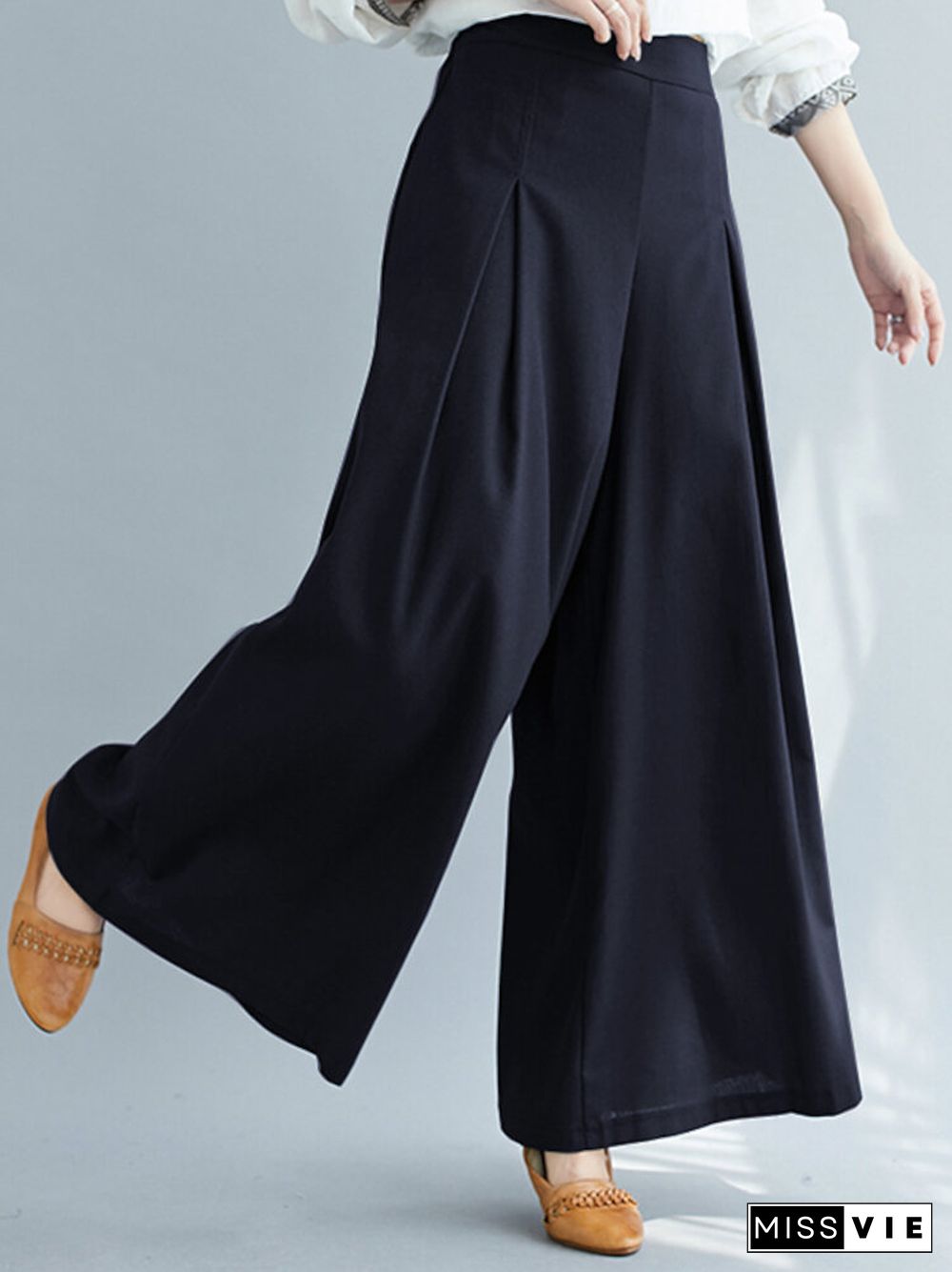 Solid Color Pleated Elastic Waist Casual Loose Wide-Leg Pants for Women