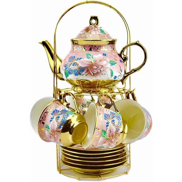 20 Pieces Porcelain Chinese Tea Set With Holder and Painting，Pink