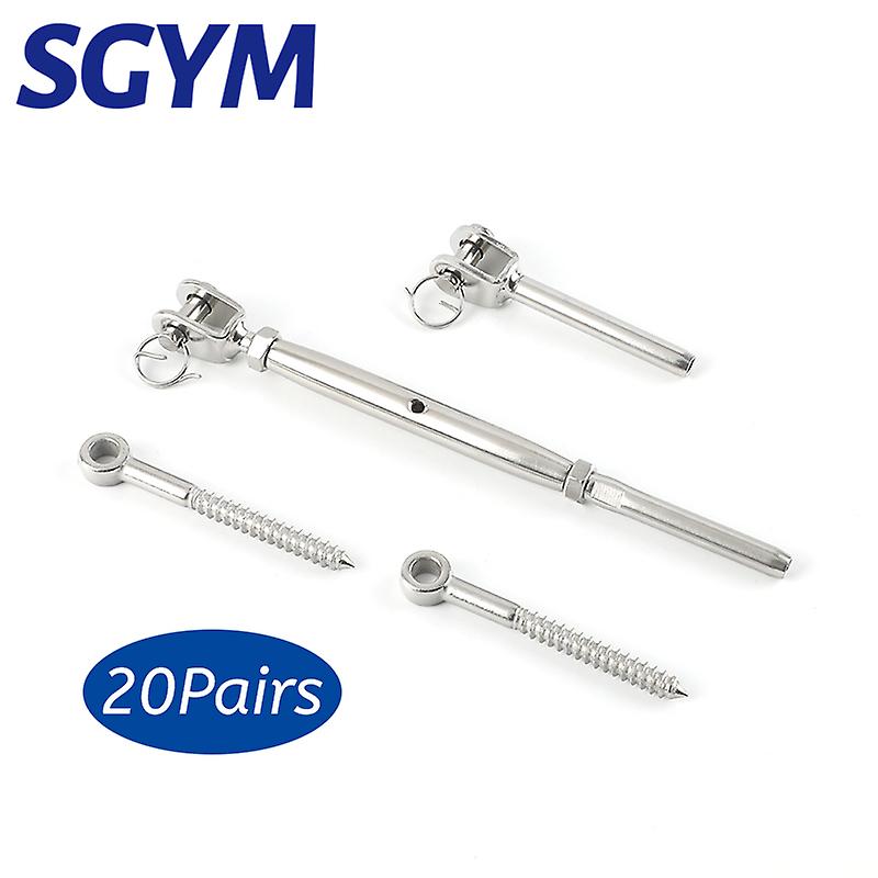 20 Pairs 316 Stainless Steel Cable Railing Kit Jaw Swage Stud Turnbuckle Fork Terminal Lag Screw Eye For 1/8 3mm Wire Rope