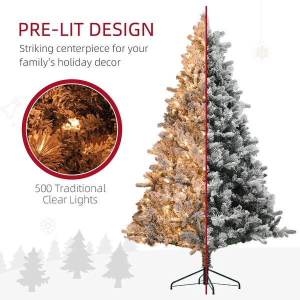 HOMCOM 6.5 ft PreLit Artificial Christmas Tree with 350 Clear Lights and 1107 Tips，Snow Flocked Christmas Tree