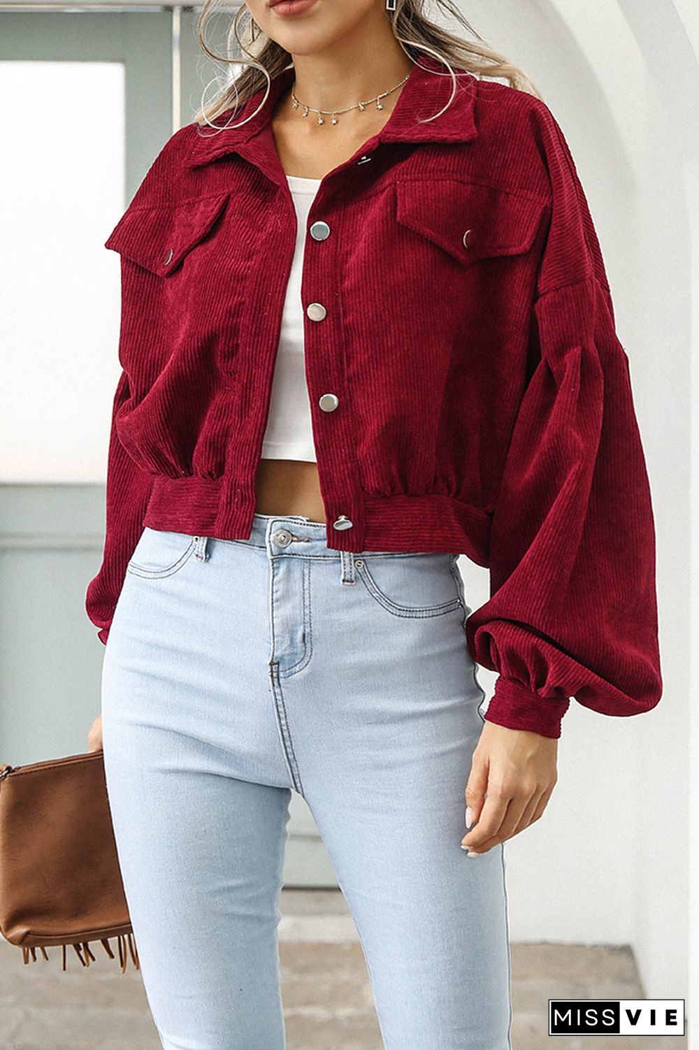 Lantern Sleeve Button Up Short Corduroy Jacket