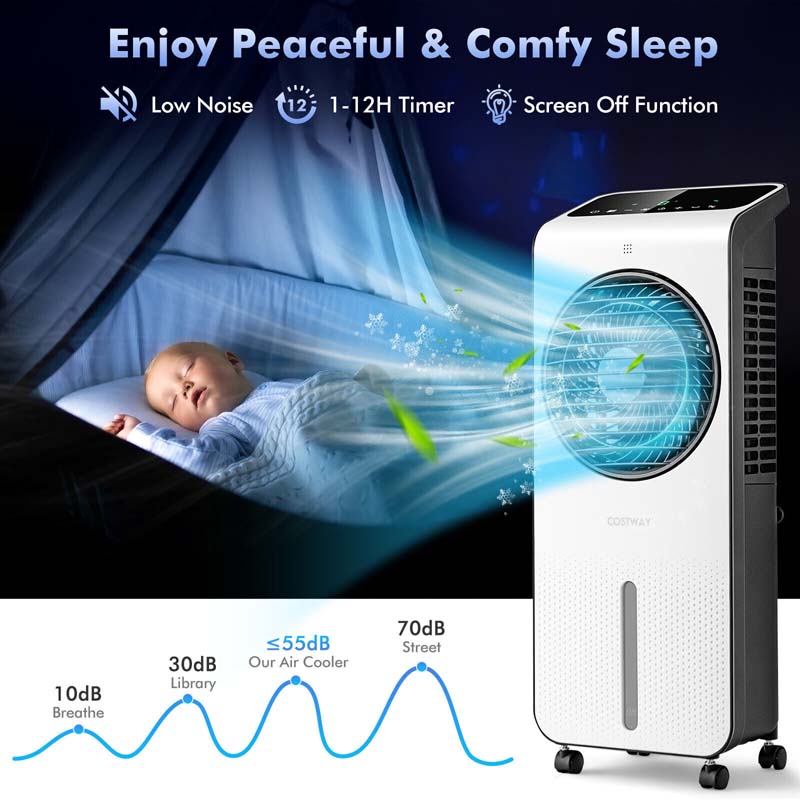 Portable Evaporative Air Cooler, 3-in-1 Swamp Cooler with Fan & Humidifier, 360° Rotating Fan Blade, 12H Timer