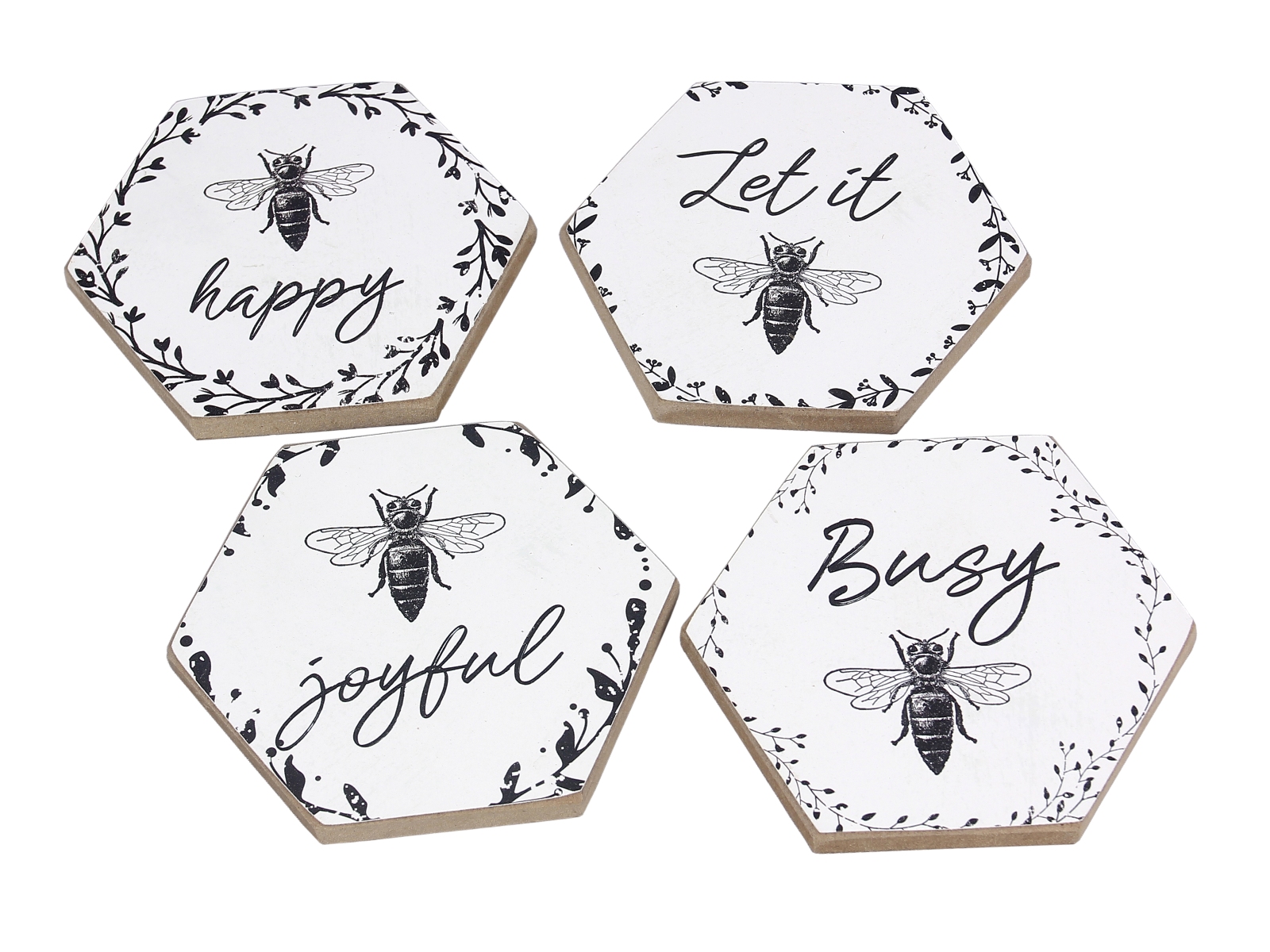 Youngs 18545 Wood Bee Coaster with Cork Backing - Set of 4