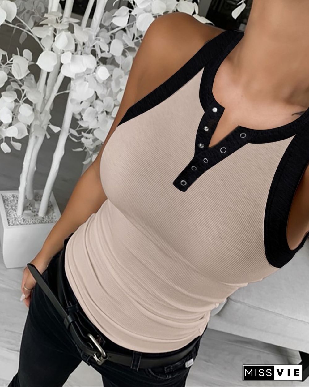 Striped Colorblock Tank Tops Summer Sleeveless Basic Cami Top Shirt Slim Knit Ribbed Buttoned Racerback Blouses