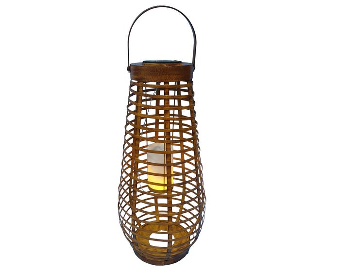 Alpine Large Solar Metal Cylindrical Lantern with Flickering Orange LEDs - QLP1344SLR-HH-L-TM