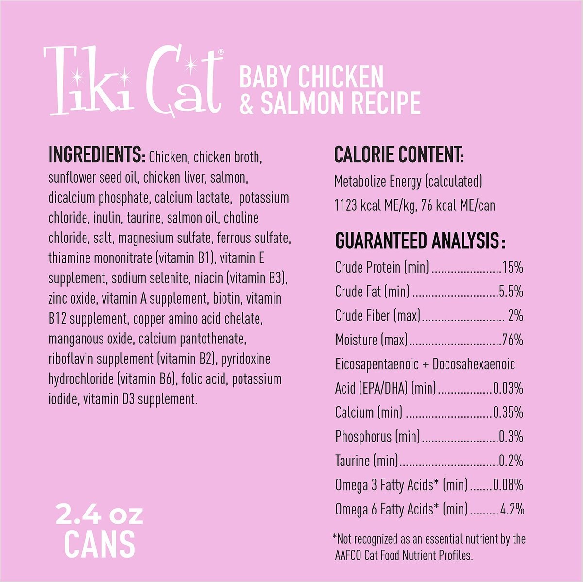 Tiki Cat Baby Grain-Free Chicken and Salmon Recipe Wet Cat Food， 2.4-oz can， case of 12