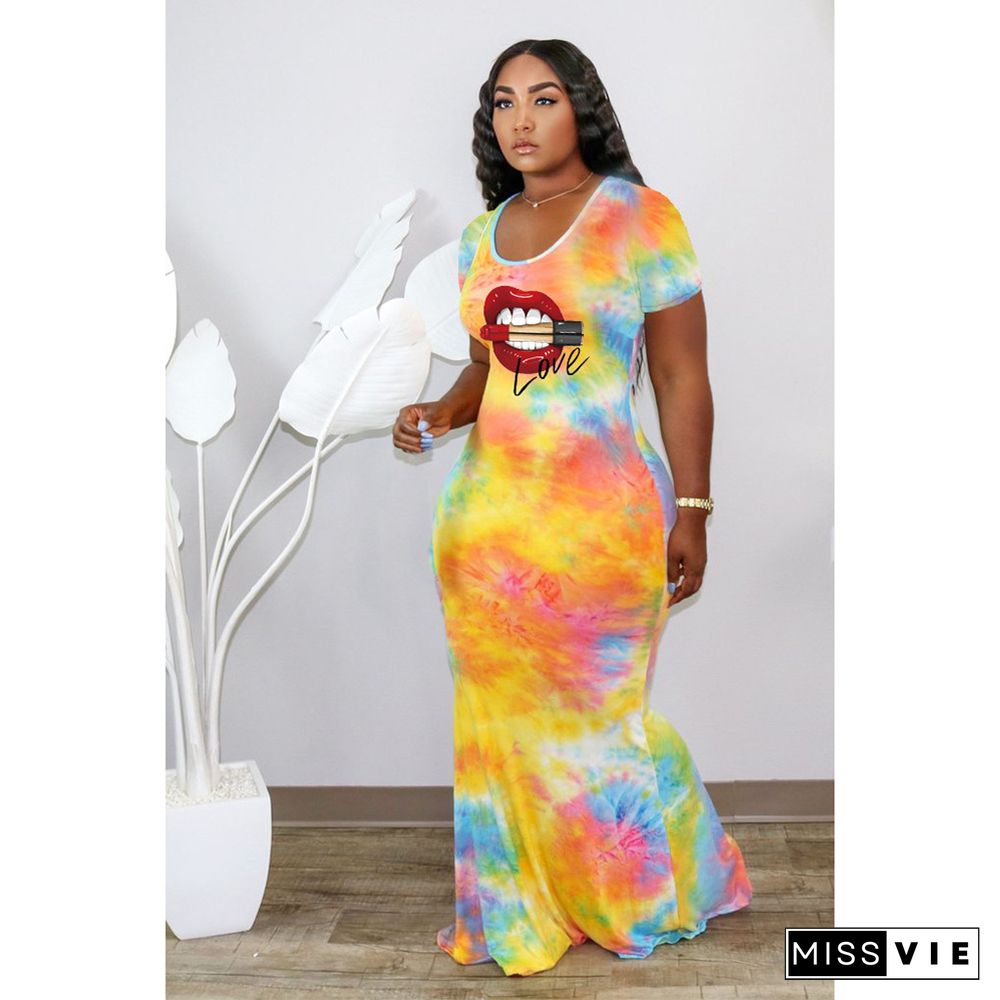 Tie Dye Lips Print Short Sleeve Cut Out Maxi Dresses