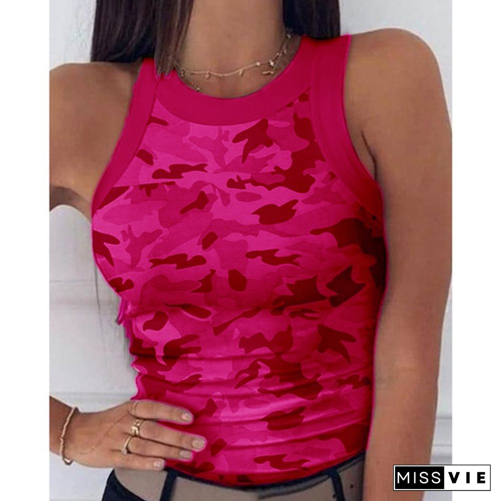 New Summer Fashion Women Sleeveless Tops Slim Fit Camouflage Print Vest Round Collar Tank Top Casual Tops T-shirt