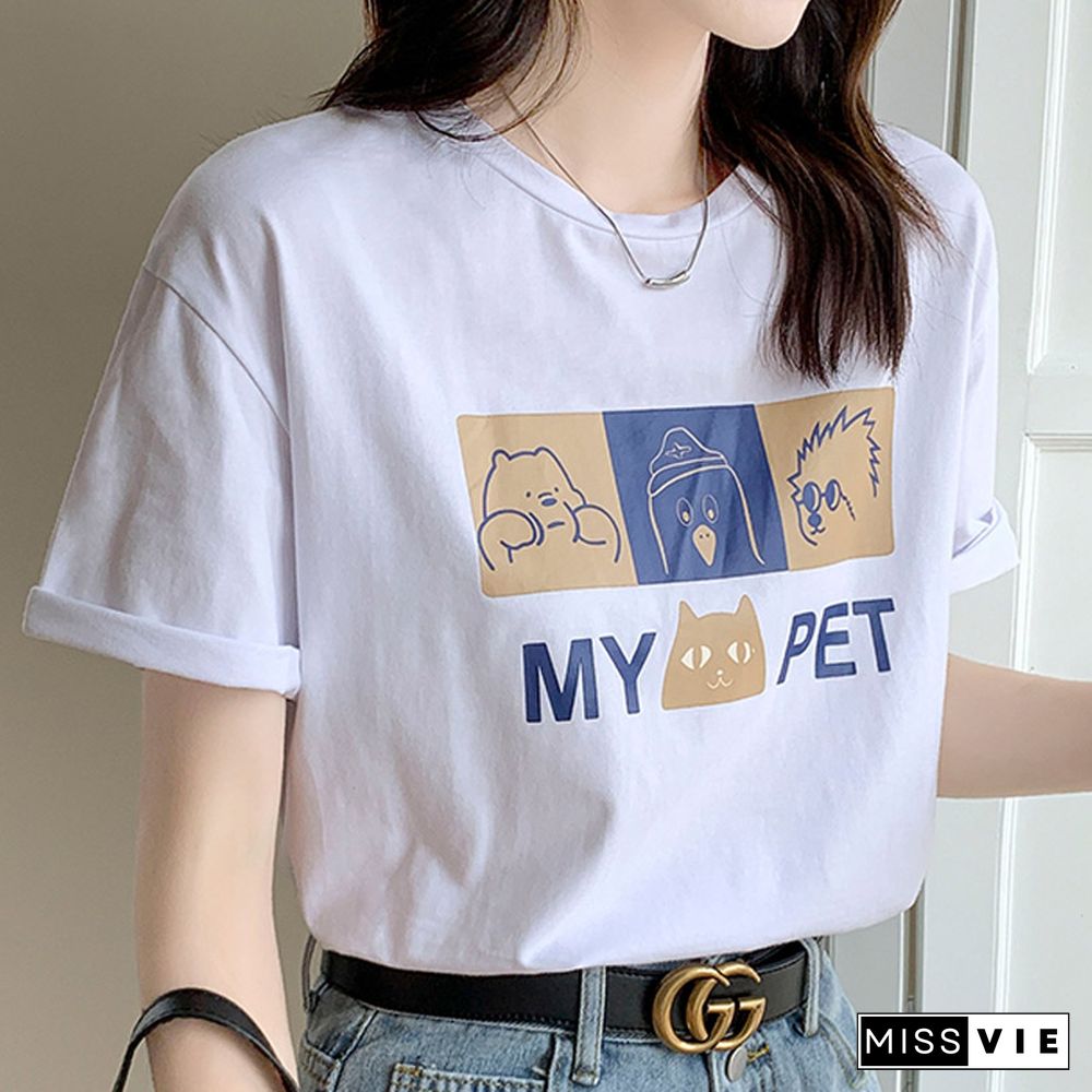 Cartoon Letter Print Round Collar Loose T-Shirt