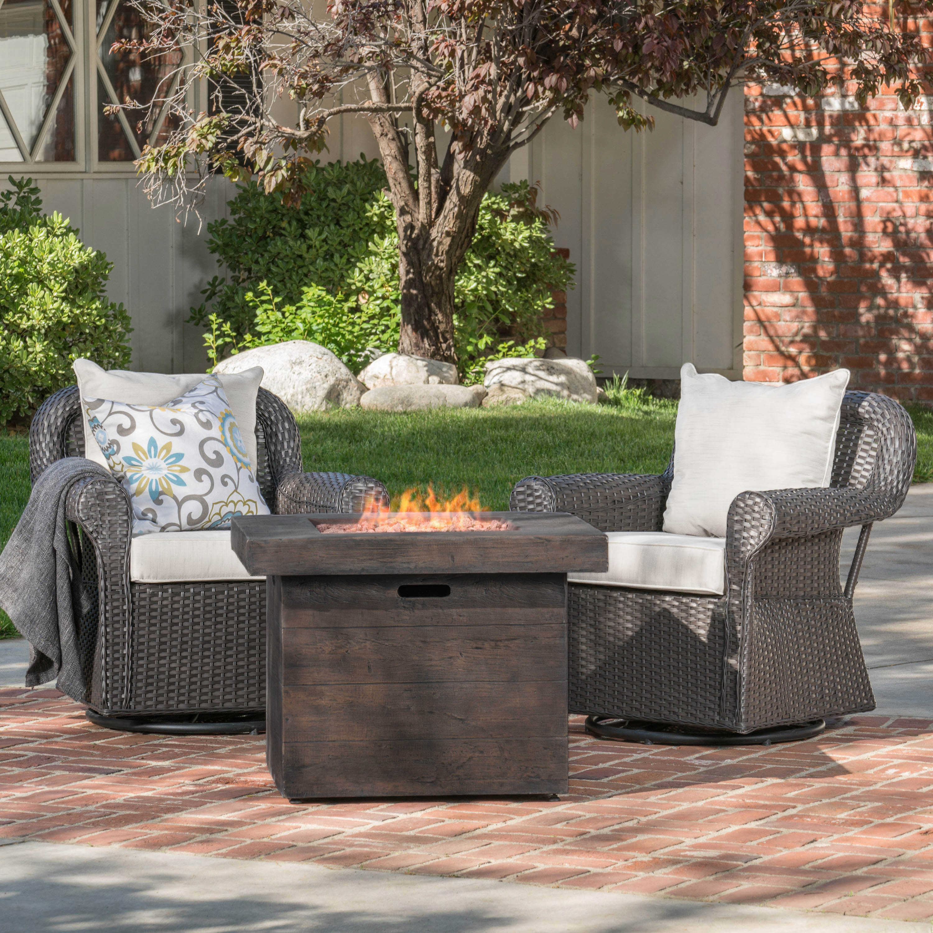 Augusta Outdoor 3 Piece Wicker Rocker and Gas Firepit Set