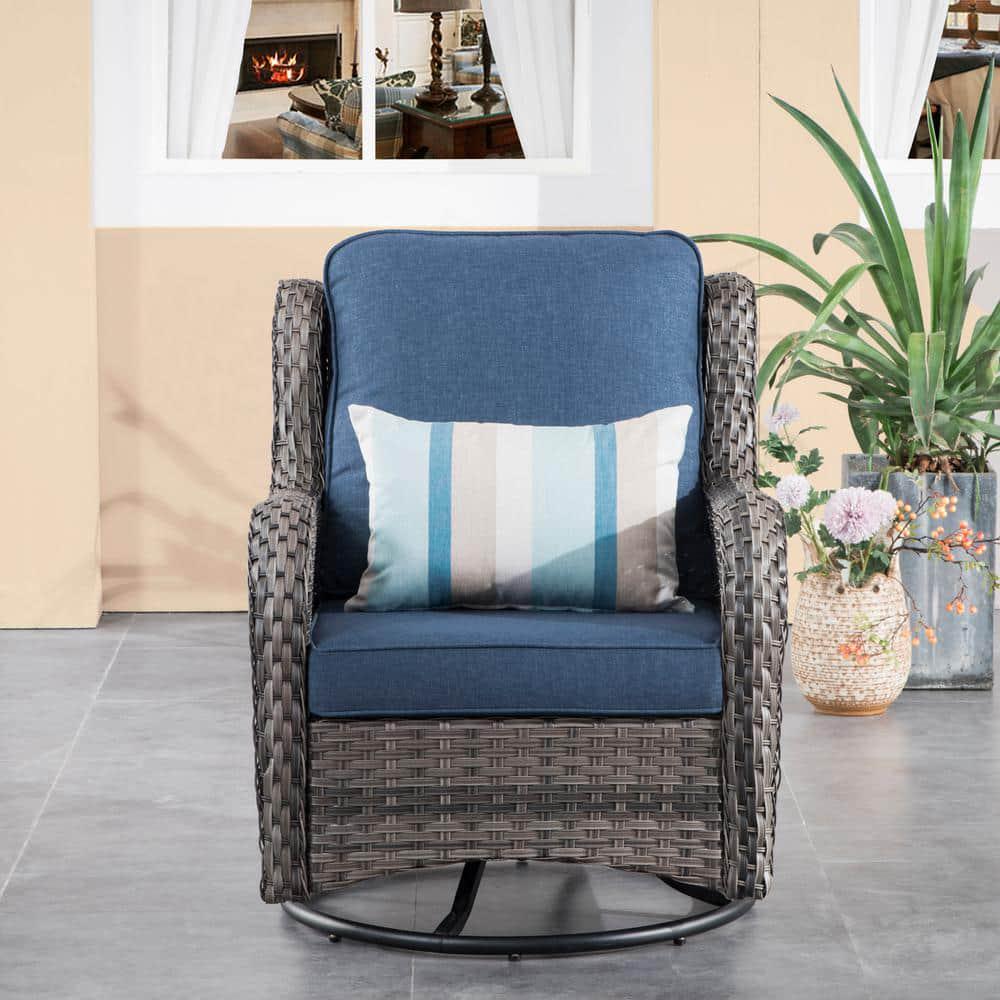 OVIOS Joyoung Gray 3Piece Wicker Outdoor Patio Conversation Seating Set with Denim Blue Cushions and Swivel Rocking Chairs