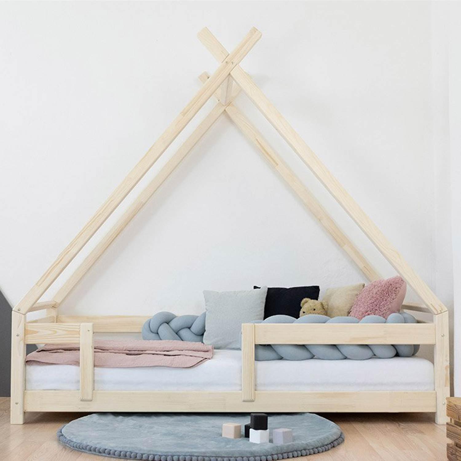 Children's Teepee Bed with safety barrier in solid wood - natural - 120 x 180 cm