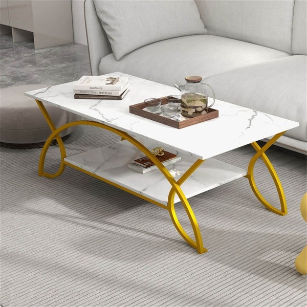 2-Tier Faux Marble Coffee Table with Metal Frame