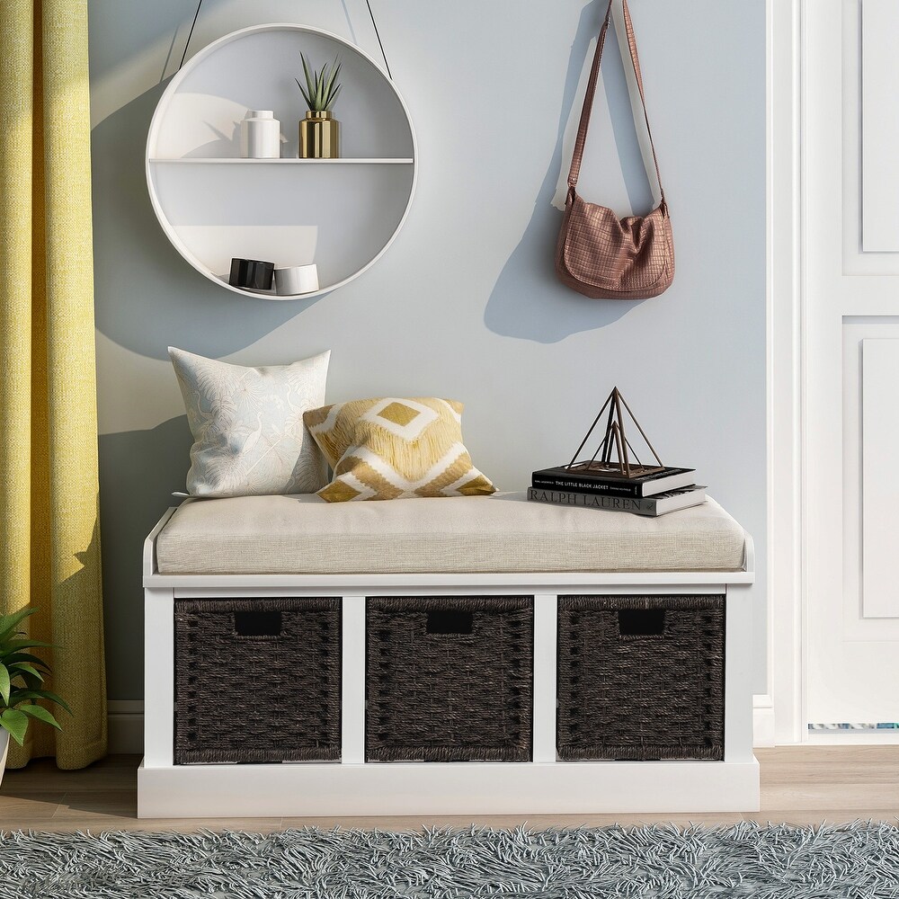 Storage Bench Wicker Footstool Bench with 3 Woven Baskets and Removable Cushion  Wood Entryway Shoe Bench for Entryway  White