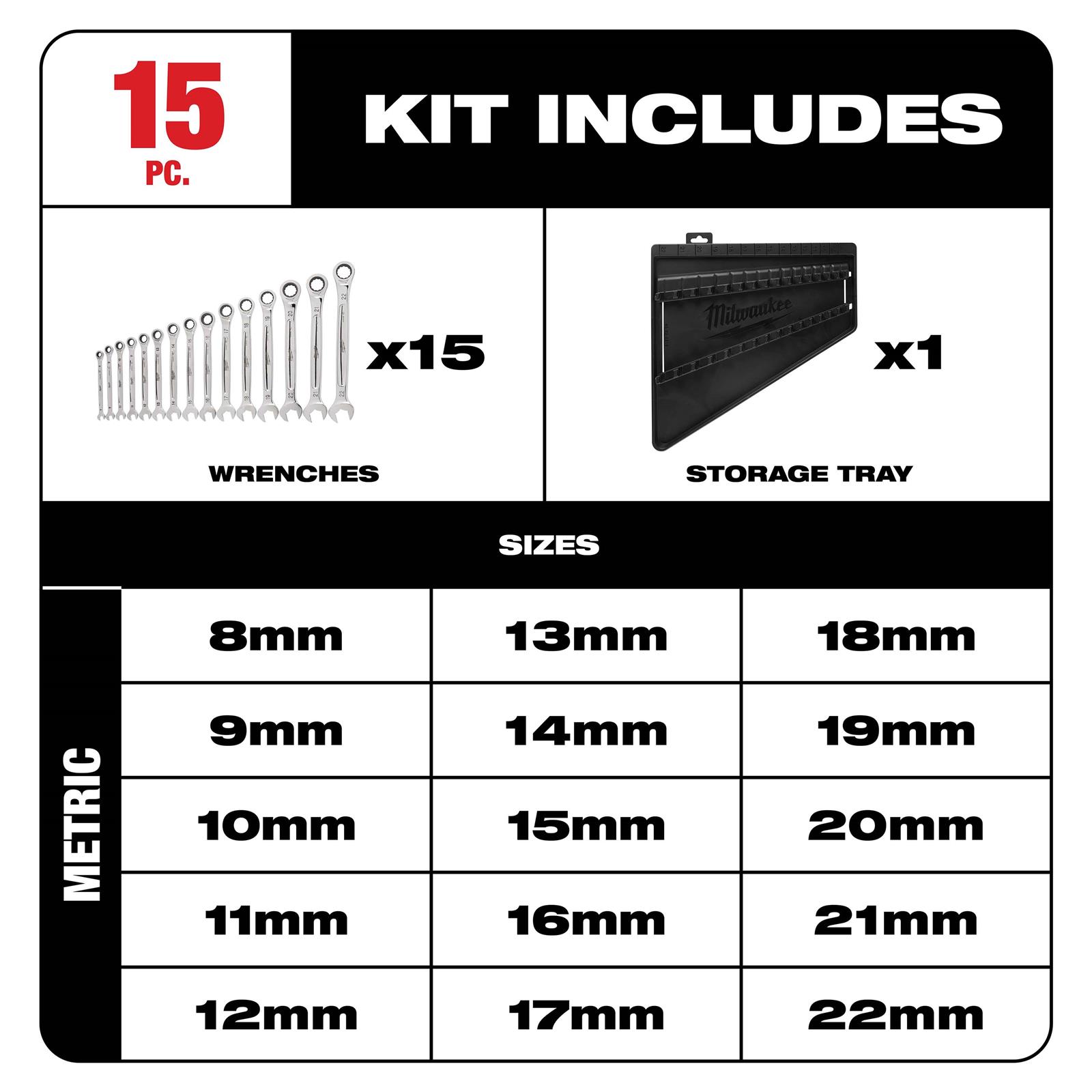 Milwaukee Tool 48-22-9516 Milwaukee 15-Piece Ratcheting Combination Wrench Sets