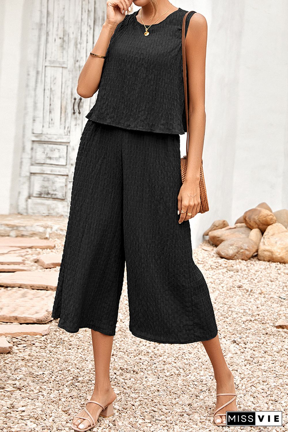 Frilled Texture Sleeveless Tank with Wide Leg Pants Jumpsuit